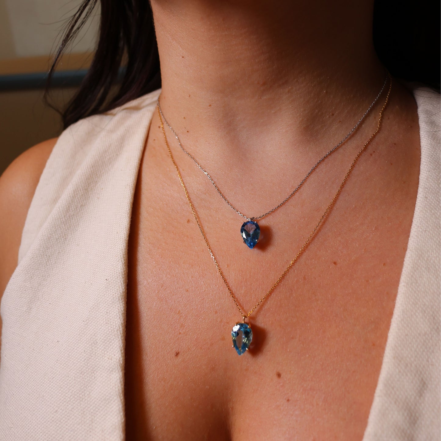 Conjunto Corrente Bailarina 45cm + Pingente Gota Topázio Swiss - ouro branco 18k