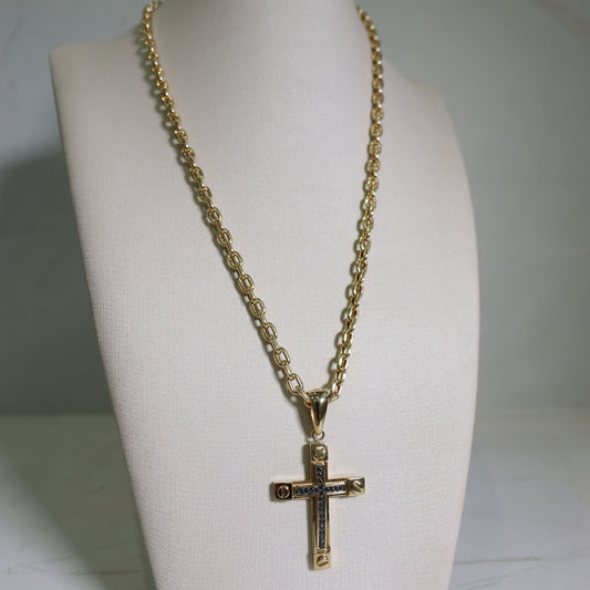 Imponente Corrente Cadeado 60cm + Crucifixo Cravejado com Zircônias Negras - em ouro 18k