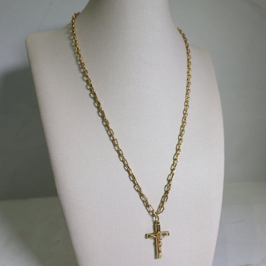 Corrente Cadeado 60cm + Crucifixo Tradicional - em ouro 18k