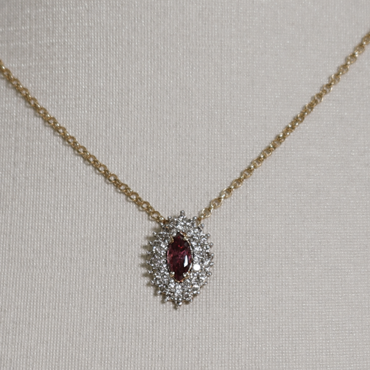 Conjunto Corrente Elo Português 45cm + Pingente Pedras Naturais Rodolita e Diamantes - em ouro 18k