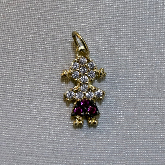 Pingente Cravejado Menina Branco e Rosa em ouro 18k